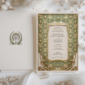 豪華なゴールドとグリーンのアールヌーヴォー・ウェディング 招待状