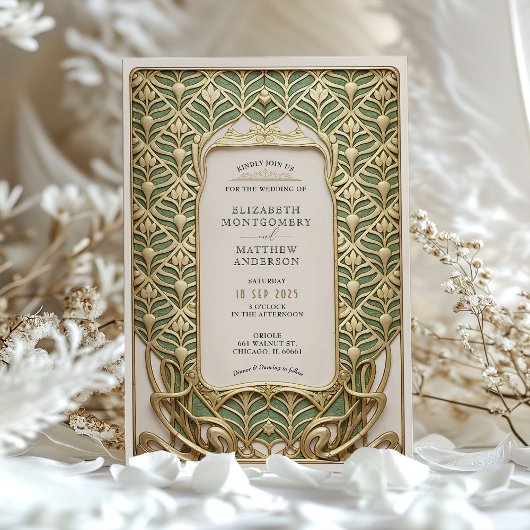 豪華なゴールドとグリーンのアールヌーヴォー・ウェディング 招待状