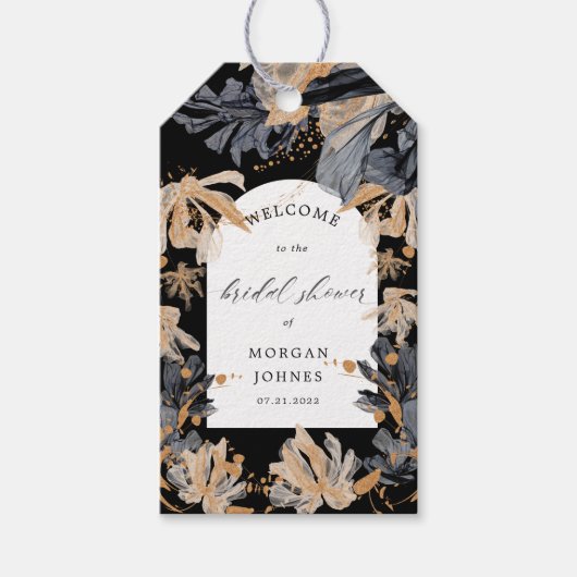 豪華なゴールドとブラックの花のブライダルシャワー ギフトタグ (正面)