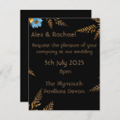 豪華なゴールドとブルーの花柄の結婚式招待状 招待状 (正面/裏面)