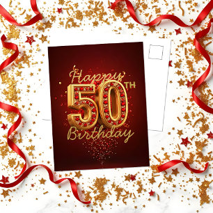 豪華なゴールドと赤い宝石の50歳の誕生日 ポストカード
