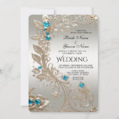 豪華なゴールドと青い石の装飾が施された結婚式の招待状 招待状 (正面)