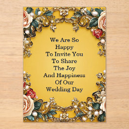 豪華なゴールドのウェディング フラワー フレーム（バラ） アクリル招待状