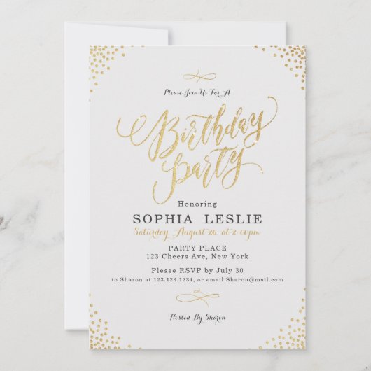 豪華なゴールドのカリグラフィー ヴィンテージ バースデーパーティー 招待状 (正面)