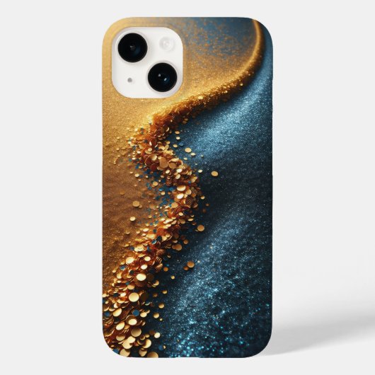 豪華なゴールドのスパンコルが流れる青いグリッターの砂の抽象 Case-Mate iPhoneケース (裏面)