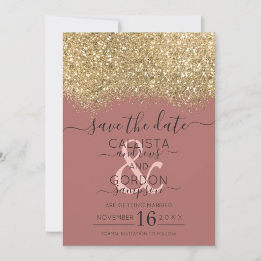 豪華なゴールドのダスティーローズグリッターコンフェッティウェディング セーブザデート (正面)