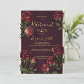 豪華なゴールドのテキストが付いたダークウッドとローズの退職のお知らせ 招待状 (スタンド正面)