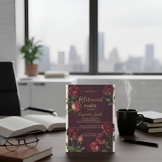 豪華なゴールドのテキストが付いたダークウッドとローズの退職のお知らせ 招待状