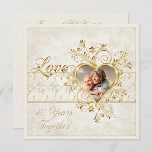 豪華なゴールドのハートと渦巻きの写真 50周年結婚記念日 招待状 (正面/裏面)