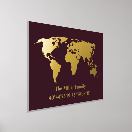 豪華なゴールドの世界地図のロケーションを自宅の緯度と経度で飾る 箔ポスター (レイダウン)