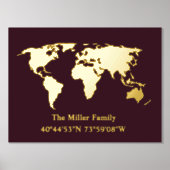 豪華なゴールドの世界地図のロケーションを自宅の緯度と経度で飾る 箔ポスター (正面)