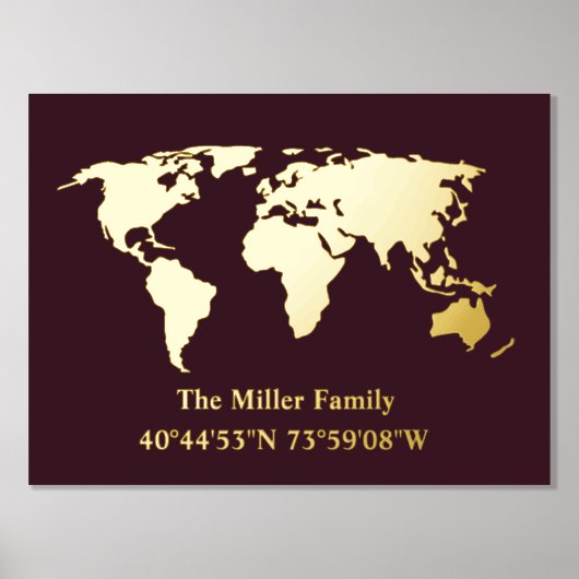 豪華なゴールドの世界地図のロケーションを自宅の緯度と経度で飾る 箔ポスター (正面)