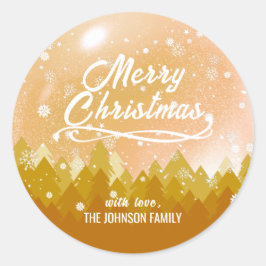 豪華なゴールドの平和的な雪の森の楽しいクリスマス ラウンドシール