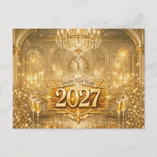 豪華なゴールドの舞踏会場で新年を祝う 2027年 シーズンポストカード (正面)