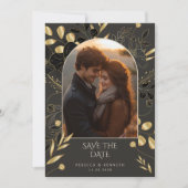 豪華なゴールドの花柄がおしゃれな2枚の写真の「セーブ・ザ・デート」 招待状 (正面)