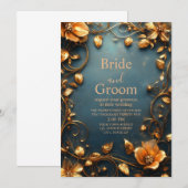 豪華なゴールドの花模様が、エレガントなターコイズブルーの背景に施されています 招待状 (正面/裏面)