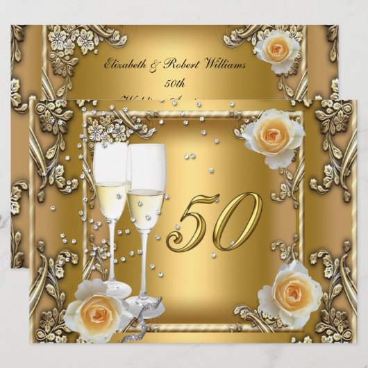 豪華なゴールドの50周年結婚記念日パーティー 招待状 (正面/裏面)