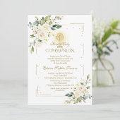 豪華なゴールドグリッター白の花の聖体拝領 招待状 (スタンド正面)