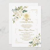 豪華なゴールドグリッター白の花の聖体拝領 招待状 (正面/裏面)