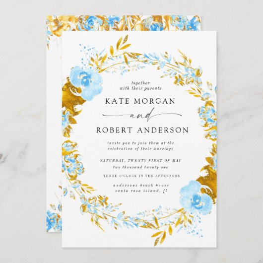 豪華なゴールドターコイズの花柄の結婚式招待状 (正面/裏面)