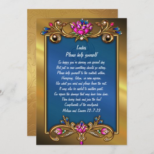 豪華なゴールドトーンの花模様フレーム ウェディングバスケットサイン 招待状 (正面/裏面)