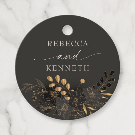 豪華なゴールドフラワー ミニマルウェディング フェイバータグ (正面)