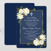 豪華なゴールド ネイビーブルー 白 花のファーストコミュニオン 招待状 (正面/裏面)