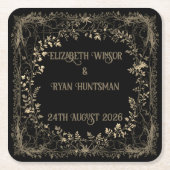 豪華なゴールド&ブラックセピアの花柄仕上げ スクエアペーパーコースター (正面)