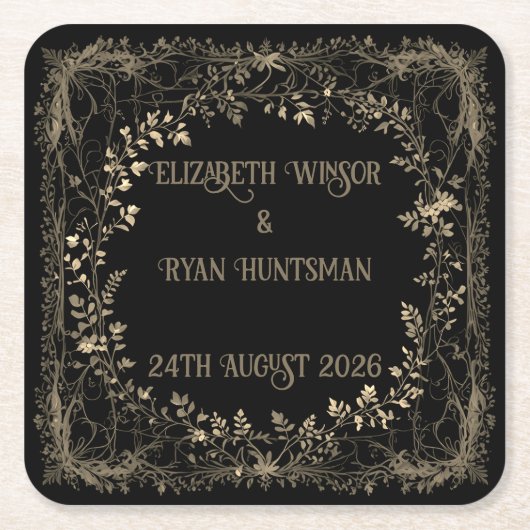豪華なゴールド&ブラックセピア フローラルフィニッシュ スクエアペーパーコースター (正面)