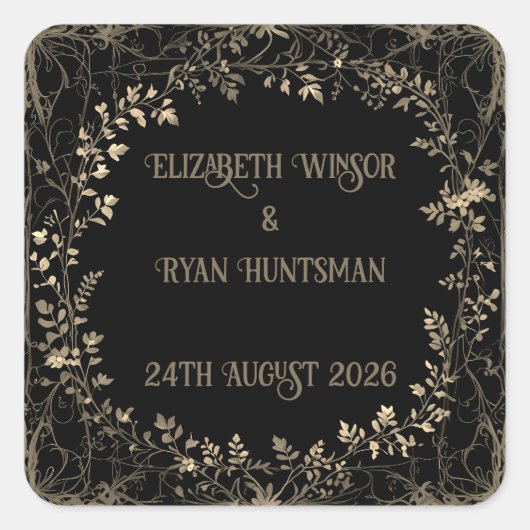 豪華なゴールド & ブラックセピア フローラル フィニッシュ スクエアシール (正面)