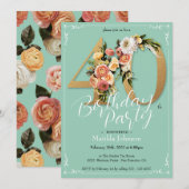 豪華なゴールド ミント フラワーデザイン 40歳の誕生日 招待状 (正面/裏面)