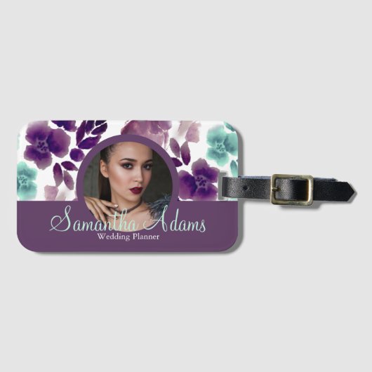 豪華なシックなブルゴーニュとブルーのフローラ写真 ラゲッジタグ (正面横)