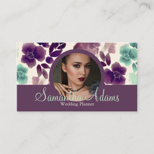 豪華なシックなブルゴーニュとブルーのフローラ写真 名刺 (正面)