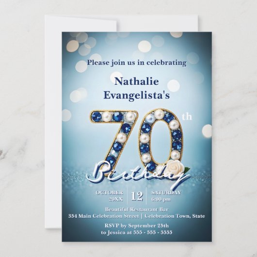 豪華なシックなブルーの宝石と真珠70誕生日 招待状 (正面)