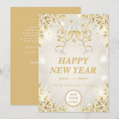 豪華なシャンパンと白のビジネス ハッピー ニューイヤー シーズンカード (正面/裏面)