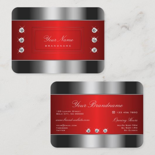 豪華なシルバーと赤とシュマーリーラインストーン 名刺 (正面/裏面)