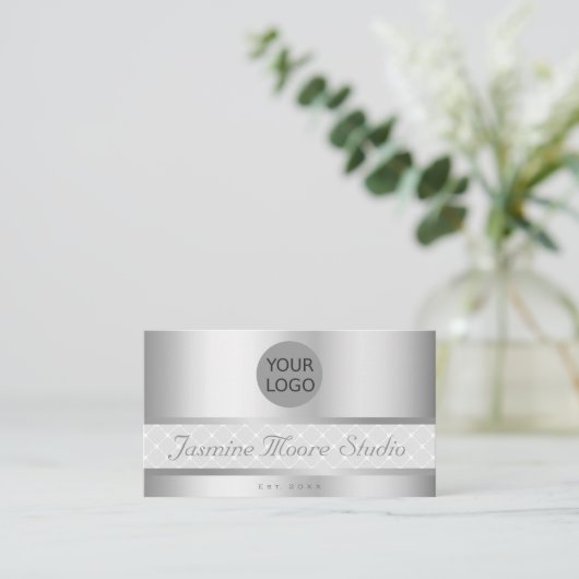 豪華なシルバーエフェクトカスタムロゴ – 営業時間 名刺 (スタンド正面)