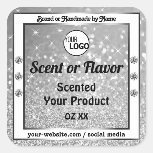 豪華なシルバーグリッタースターズ製品ラベルのロゴ スクエアシール (正面)