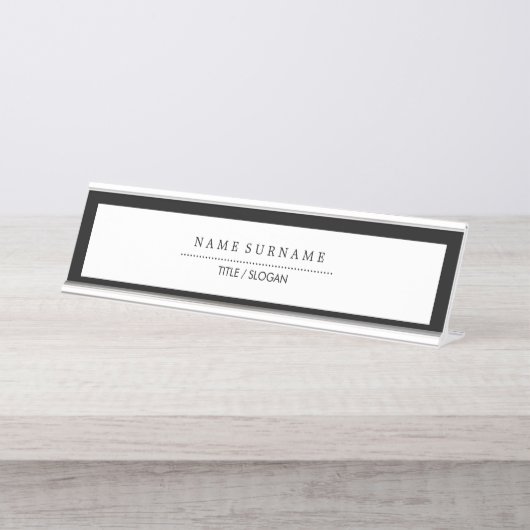 豪華なシンプルな最小主義のきれいでモダンなタイポグラフィB&W デスクネームプレート (正面)