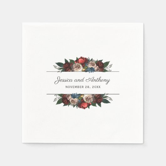 豪華なジュエルトーンの花モチーフのウェディングまたはエンゲージメント スタンダードカクテルナプキン (正面)
