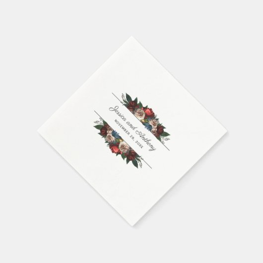 豪華なジュエルトーンの花モチーフのウェディングまたはエンゲージメント スタンダードカクテルナプキン (角)