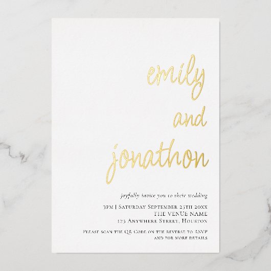 豪華なスクリプトネーム QR コード ウェディング ラクジュアリー リアル 箔招待状 (正面)