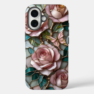 豪華なステンドグラスのアートワークの柔らかいピンクのバラ iPhone 16ケース