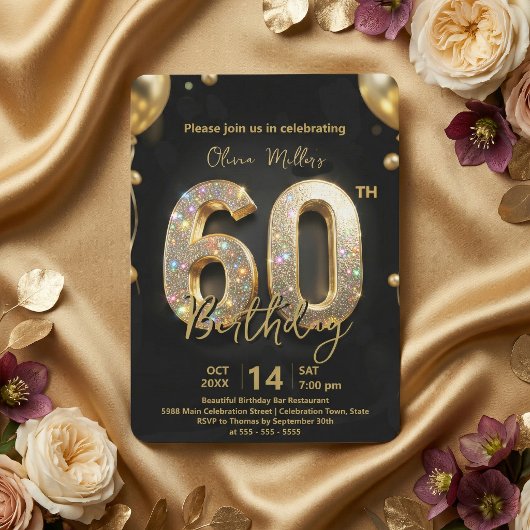 豪華なスパークリー ブラック&ゴールド 60歳の誕生日 招待状