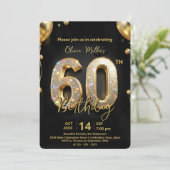 豪華なスパークリー ブラック&ゴールド 60歳の誕生日 招待状 (スタンド正面)