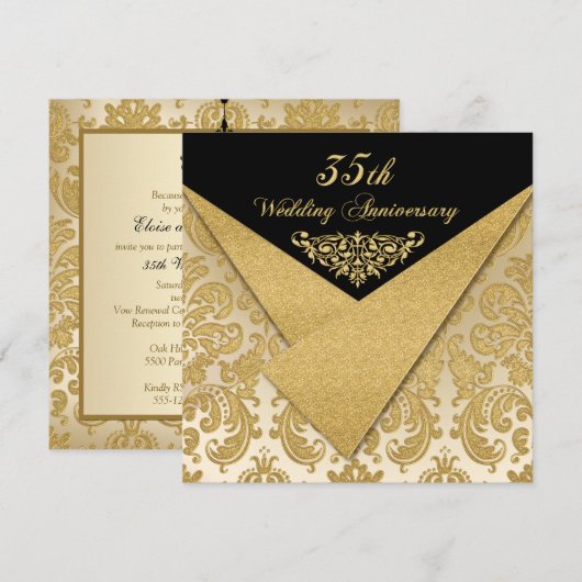豪華なダマスク 35周年 招待状 (正面/裏面)