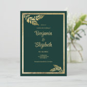 豪華なダークグリーンとゴールドの葉のフレーム 結婚式 招待状 (スタンド正面)