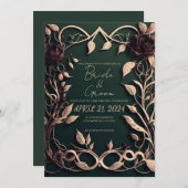 豪華なダークグリーンと金ゴールド。 招待状 (正面/裏面)