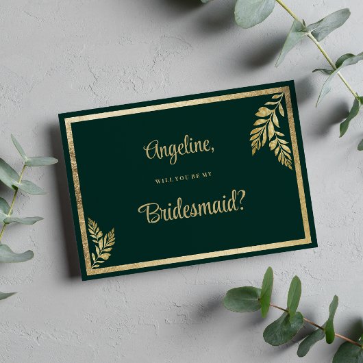 豪華なダークグリーンの黄金の葉フレームブライデスメイド 招待状