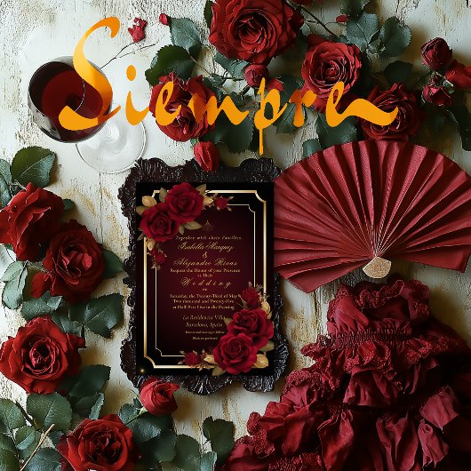 豪華なダークバーガンディ　ムーディーなローズのウェディング 招待状